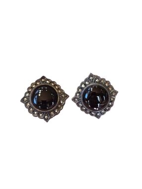 Judith Jack Black Onyx Marcasite Sterling Silver Vintage Clip Earrings